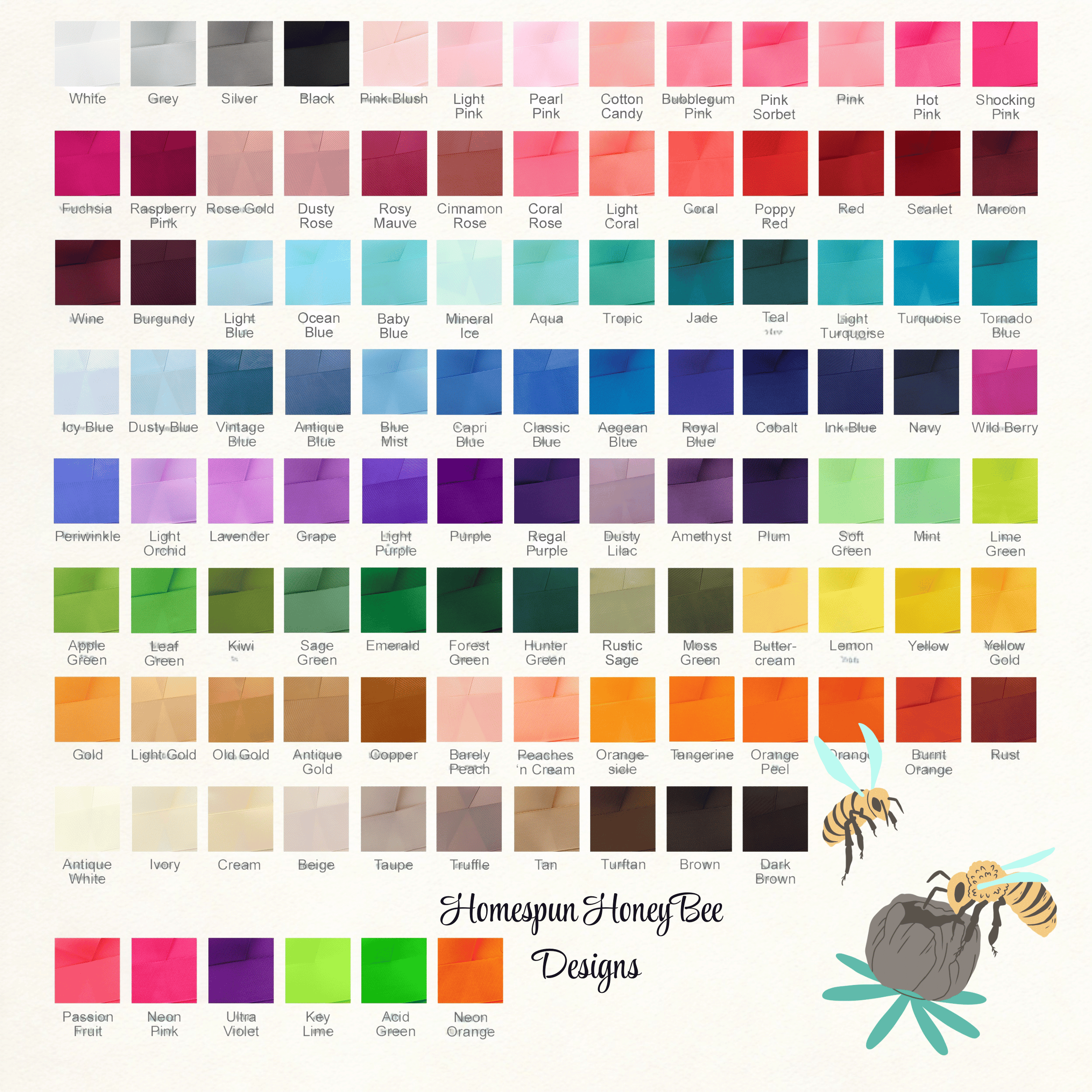 Selection of colors available for bows by homespun honeybee