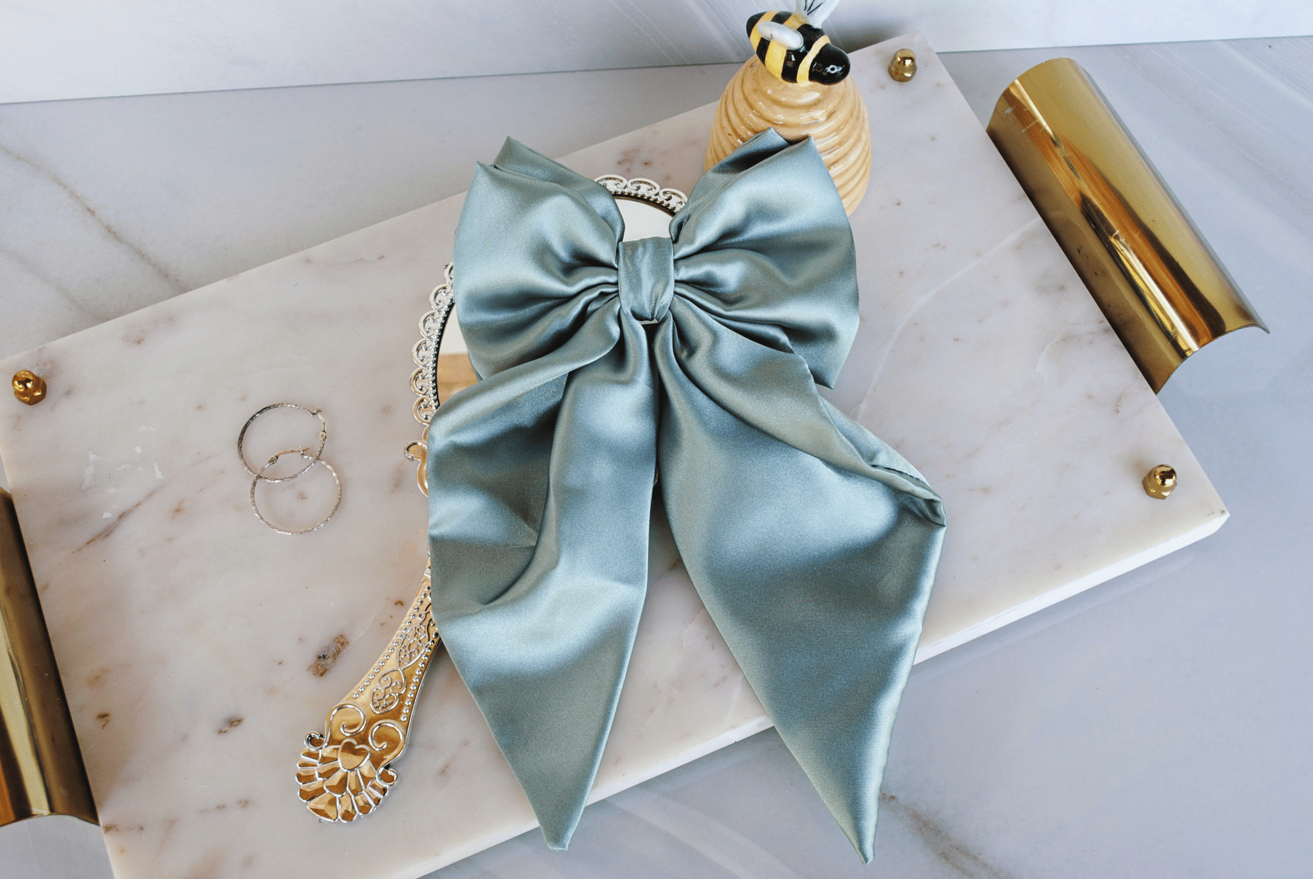 handmade large satin bow in sage green