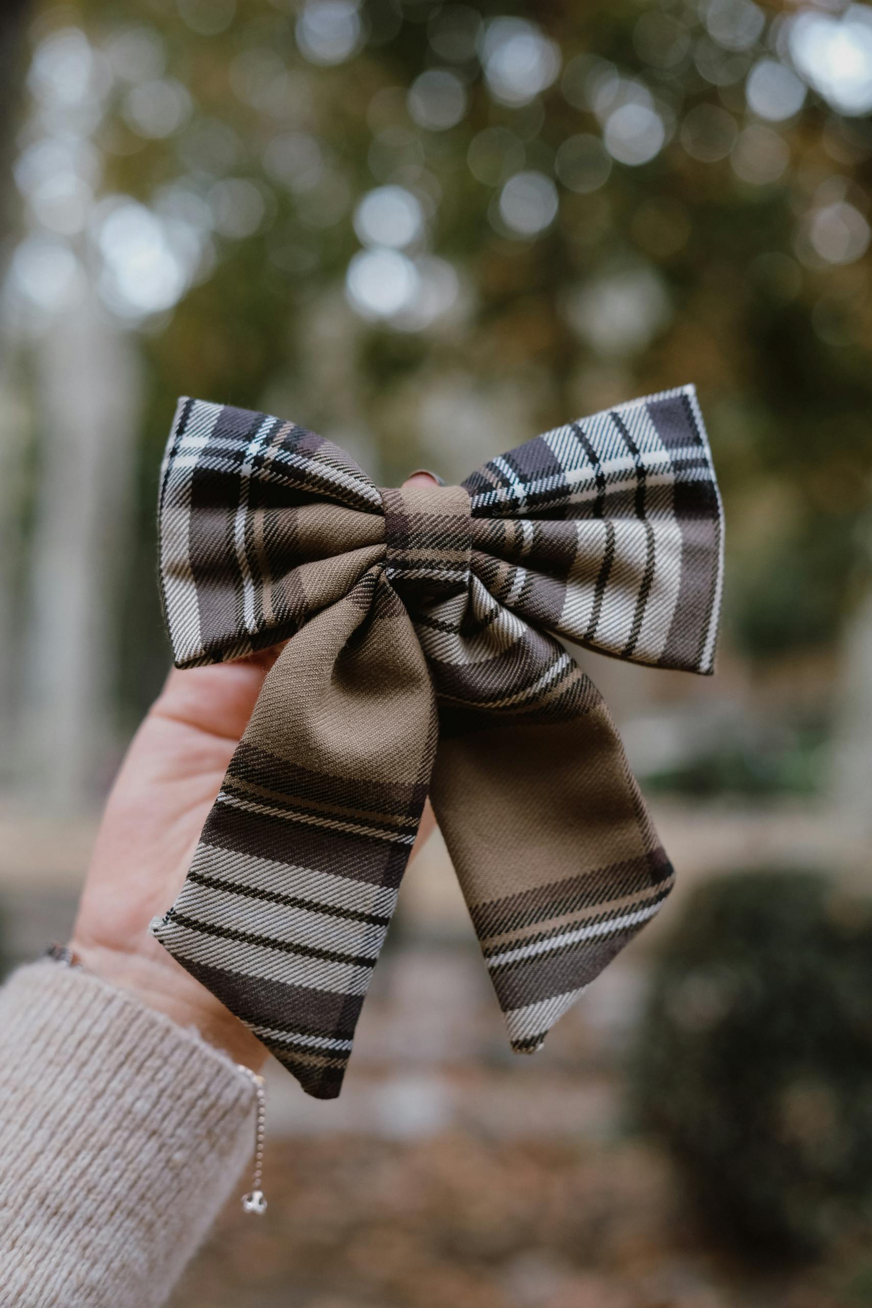 Close-up of a plaid hairbow being held outdoors. Perfect for fashion and accessory themes.