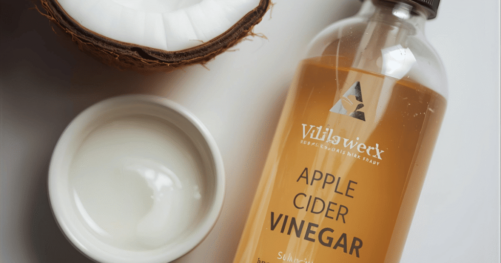 A close-up, elegant shot of a small bowl of coconut oil with a sleek apple cider vinegar rinse bottle, emphasizing the natural, non-toxic theme.