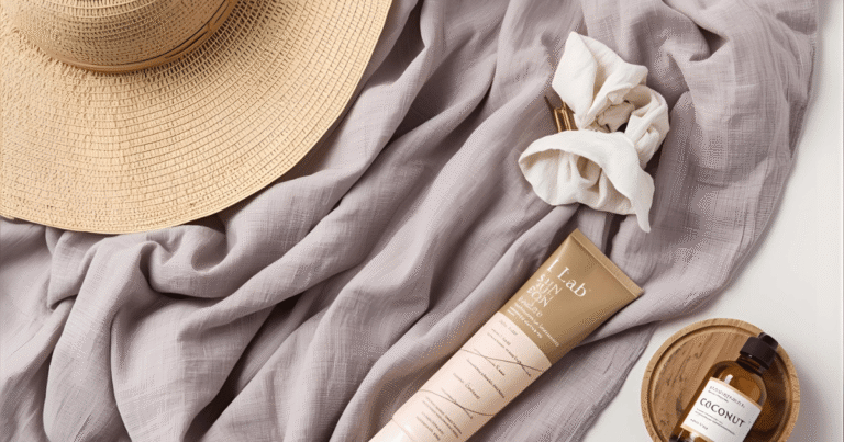 Setup: An aesthetically pleasing flat lay featuring a high-quality, muted-color linen towel draped across a light surface. Accessories: Include an elegant wide-brimmed sun hat (straw or linen), a tube of natural sun protection, and one of your plan-ahead vacation accessories (such as a flat claw clip or a chic scrunchie). Hair Care Nod: Subtly include a small, sleek bottle of coconut or argan oil in the corner to represent the non-toxic care within the article. Tone: The lighting should be soft, bright, and airy. This image instantly communicates that the article offers refined, attainable solutions for a classic summer life.