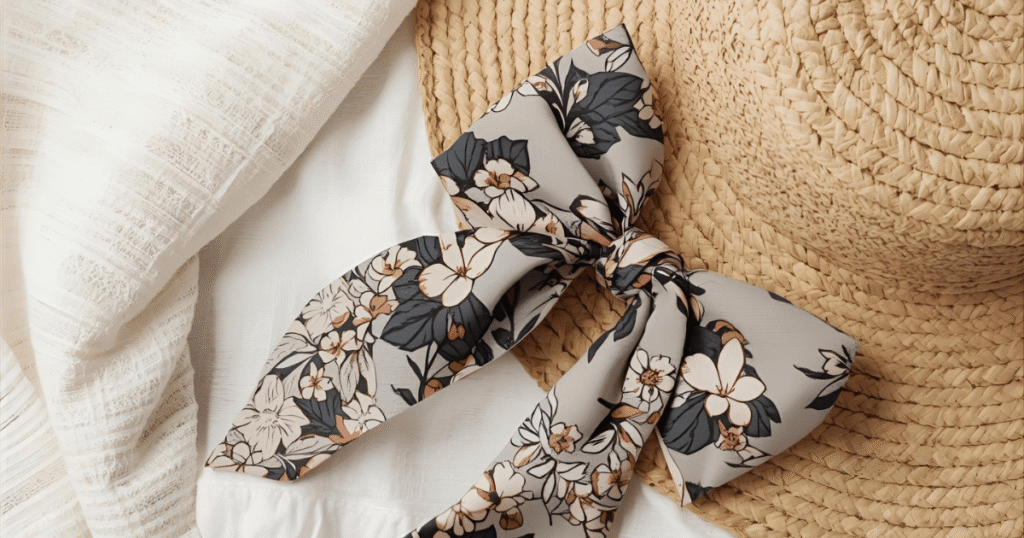 An aesthetically pleasing flat lay of a fresh towel, sun hat, and one stylish  plan-ahead vacation hair accessories by homespun honeybee designs.