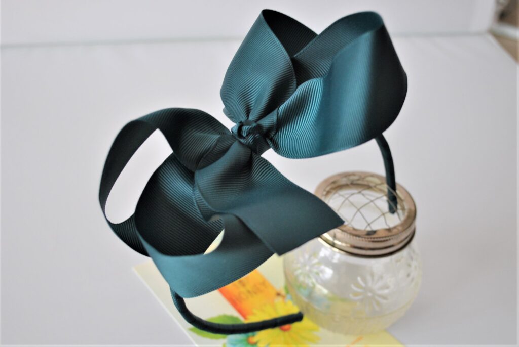 large teal classic boutique bow on skinny headband by homespun honeybee designs