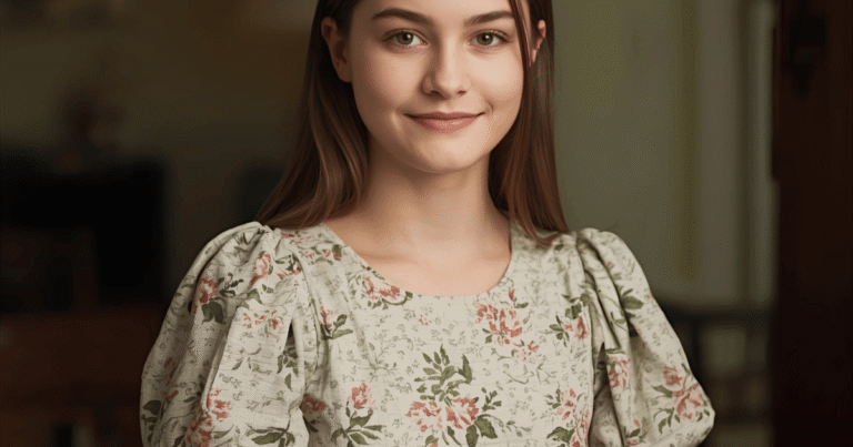 A vertical, warm, and inviting portrait of a teenage girl (age 14-16) dressed in a simple, classic, modest outfit (e.g., a well-fitting, natural fiber dress with sleeves, or a classic skirt and blouse). Her expression is serene and confident, looking directly at the viewer with a gentle smile. The background is soft-focus, suggesting a classic home interior. The image should convey inner peace and self-respect, not austerity.