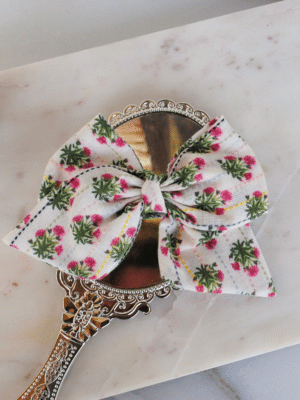 Alyce hair bow ivory linen bow with floral motif