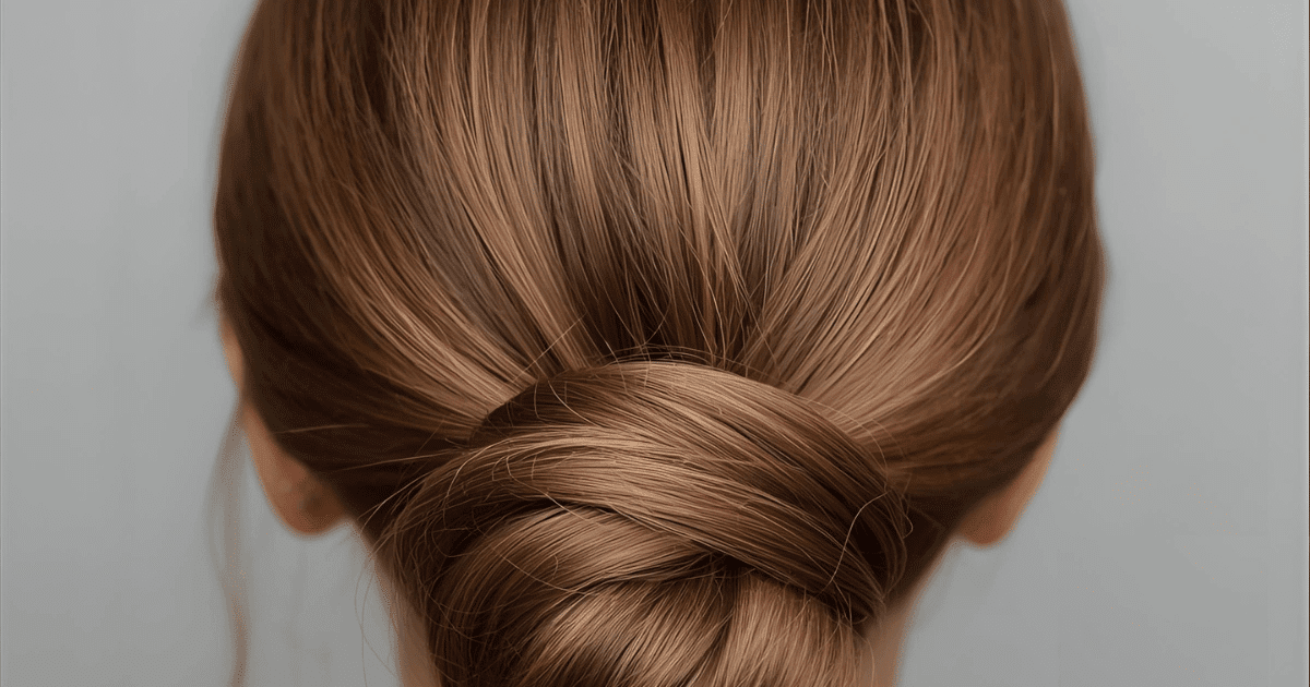 a sleek, low chignon hairstyle with thick hair