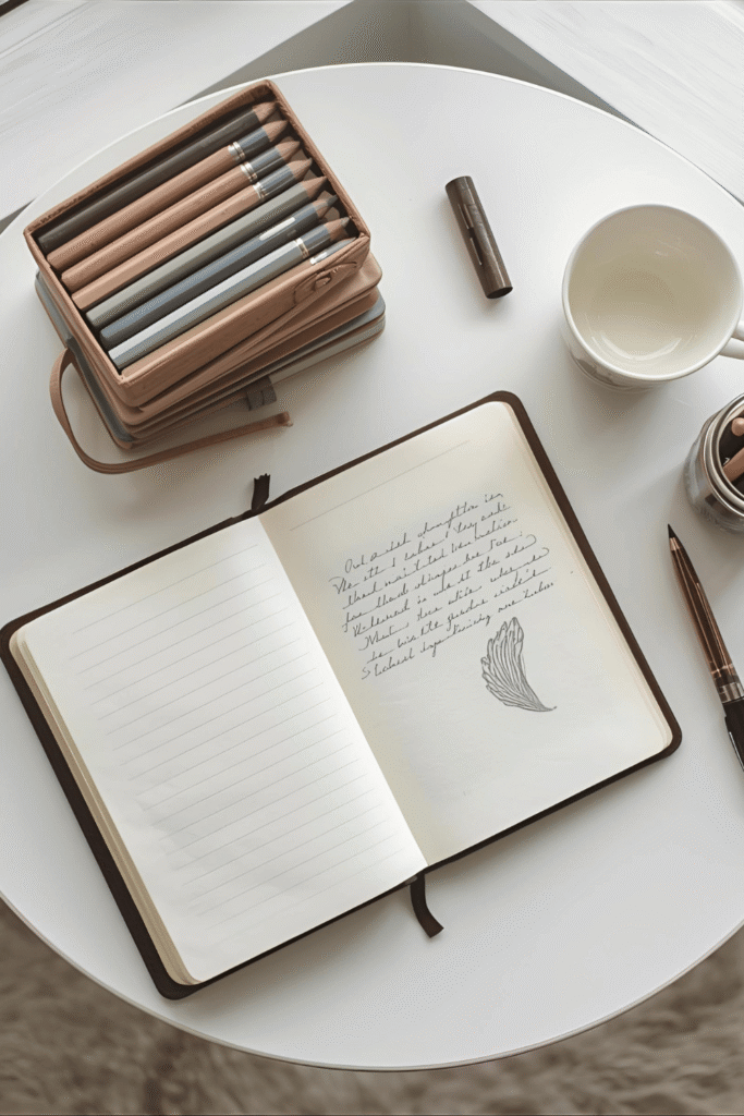 an open commonplace notebook surrounded by pencils for sketching.