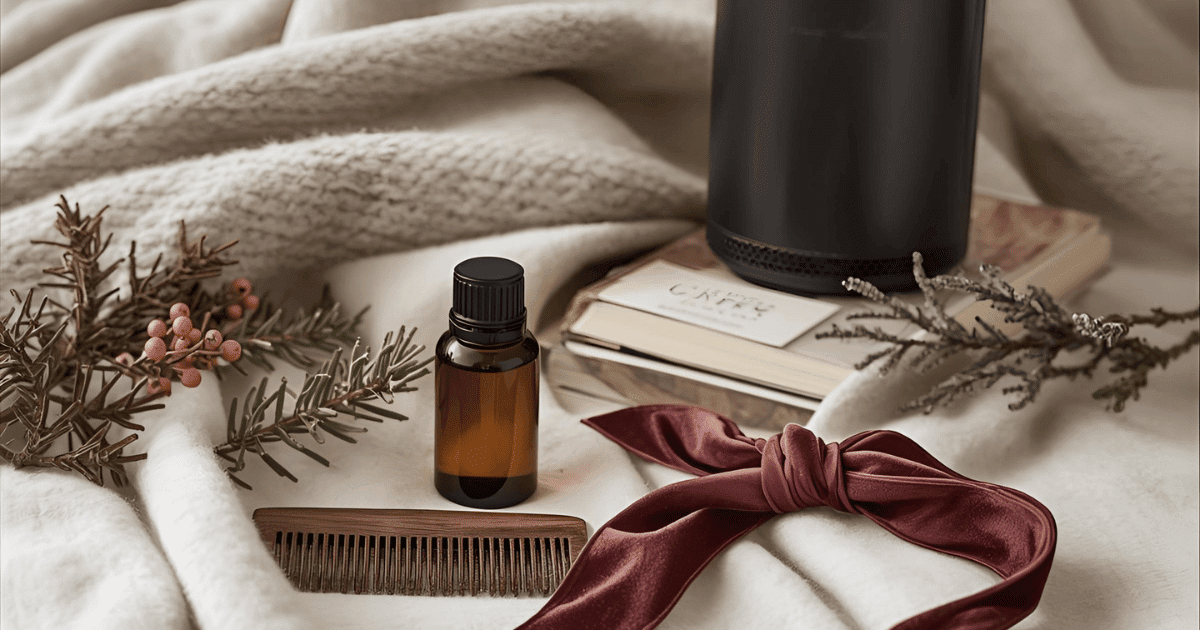 velvet hair ribbon along with a wooden comb and hair oil for winter hair care needs