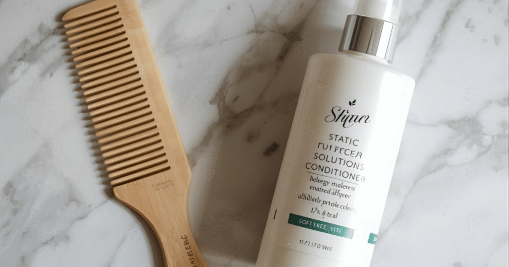 a wooden comb and static fly-away conditioner on a marble countertop.