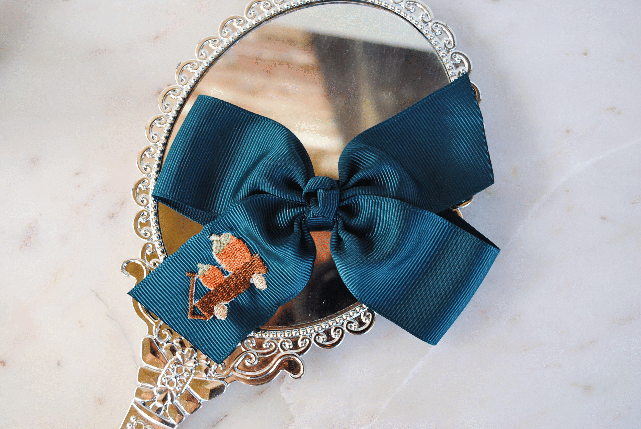 Large Teal Bow with embroidered Pumpkin Harvest motif