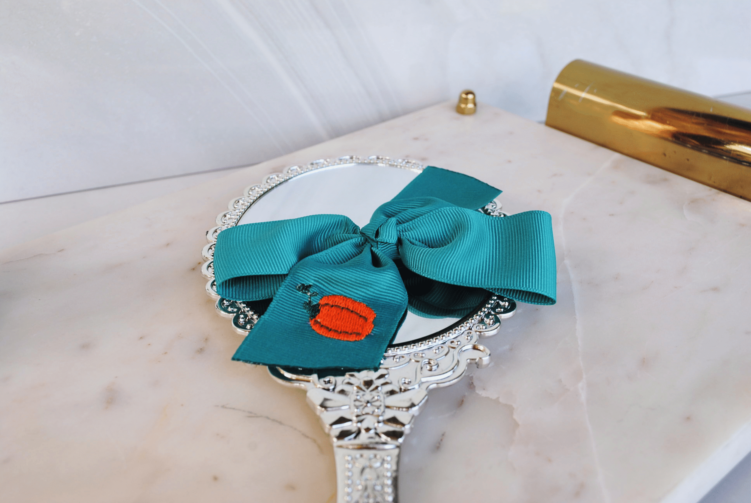 Embroidered Pinwheel Hairbow | Teal & Rust Pumpkin Bow - Image 2