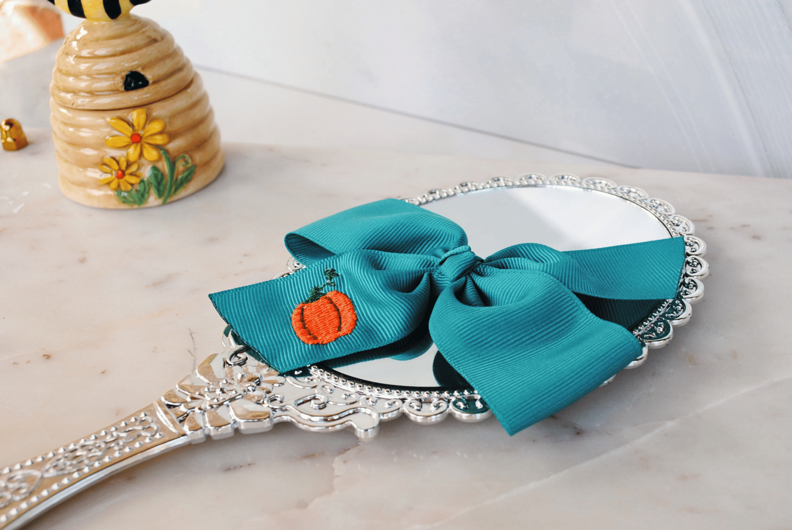 Embroidered Pinwheel Hairbow | Teal & Rust Pumpkin Bow - Image 3