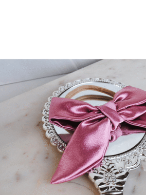 Luxe Baby Headband Rose Pink Satin Flat side view of rose pink satin bow on headband for baby girl