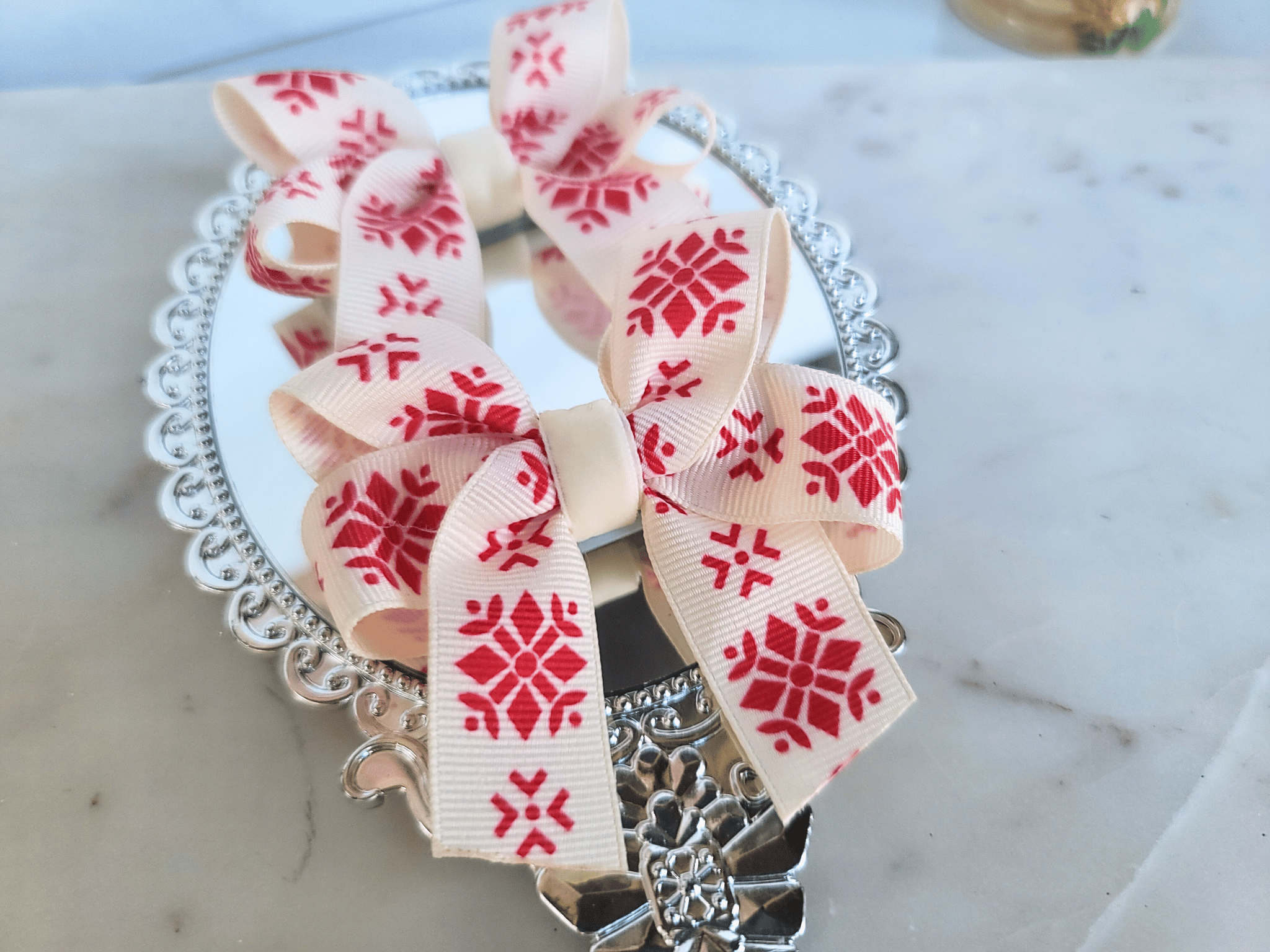 Pigtail Ribbons - Ivory with Red Snowflakes 1 pretty ivory cottagecore Christmas bows with vintage red snowflakes