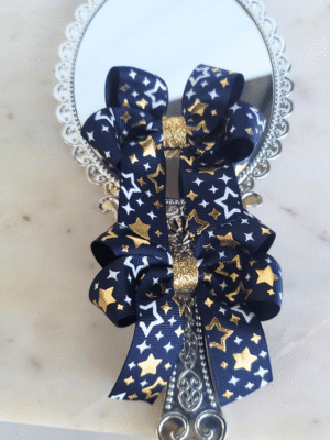Navy nativity gold star pigtail pair of bows